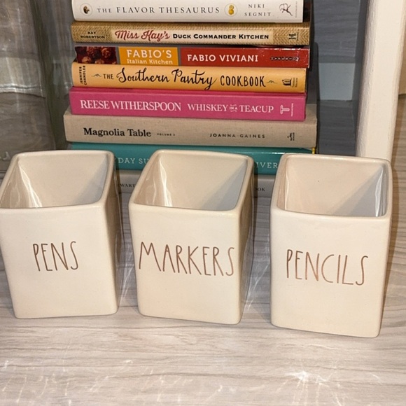 RAE DUNN Ceramic 3 Pc Desk/Office Organizers Pens/Markers/Pencils Holders - Picture 3 of 3